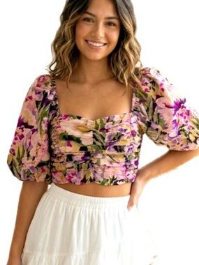 H&M Garden Floral Puff Sleeve Milkmaid Crop Top Size Small Ruched Smocked Back